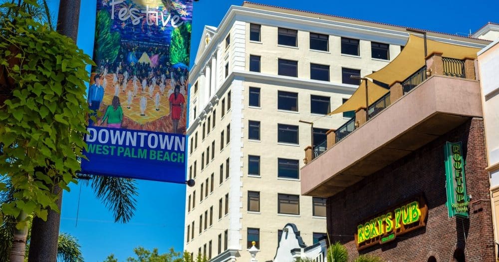 West Palm Beach, Florida - March 14, 2018: Cityscape view of the the popular West Palm Beach downtown district with restaurants and retail stores along Clematis Street.